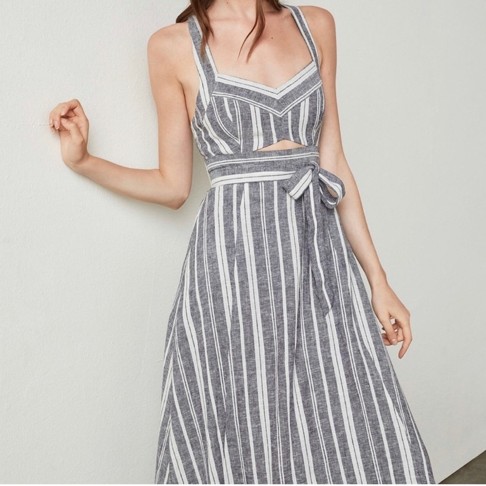 BCBGMaxazria Size 10 Black and White Striped Sleeveless Cutout Linen Midi Dress - Picture 4 of 11